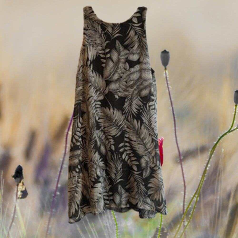 Final Touch sz medium. Olive green leaf print, polyester sleeveless shift dress.